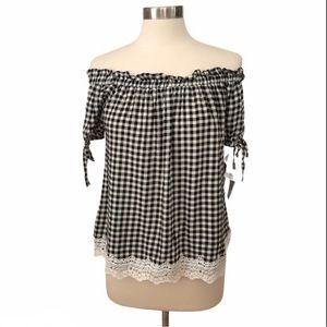 Crave Fame Checkered Off Shoulder Top with Lace Trim NWT